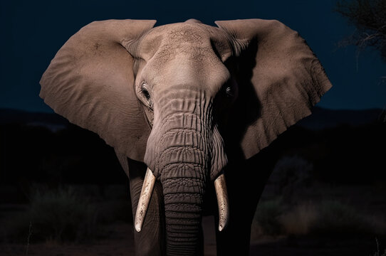 Elephant in the night savannah close-up