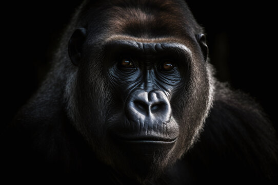 Gorilla portrait in the dark looking at the camera 