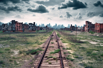 Fototapeta na wymiar Empty cityscape after apocalypse with train track 