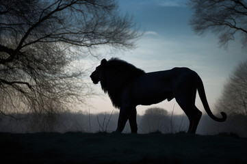 Fototapeta na wymiar Black silhouette of a lion in grassy field side view