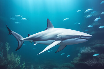 Obraz premium Great white shark in the deep sea side view