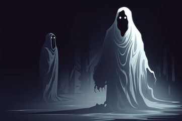 Ghostly figures in dark with glowing eyes