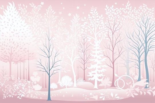 Winter snow landscape with trees and bench in a pink theme