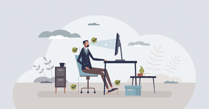 Ergonomics for remote work and correct seat position tiny person concept. Computer chair height for spine, back and neck problem prevention vector illustration. Working from home in healthy furniture