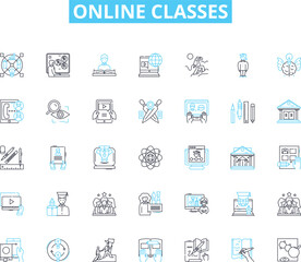 Online classes linear icons set. Virtual, Remote, Digital, E-learning, Web-based, Teleconferencing, Cyberlearning line vector and concept signs. Internet-based,Distance,Webinars outline illustrations