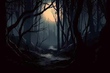 Nighttime forest with eerie shadows and trees