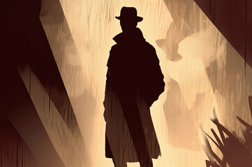 Detective shadow silhouette with fedora hat - obrazy, fototapety, plakaty