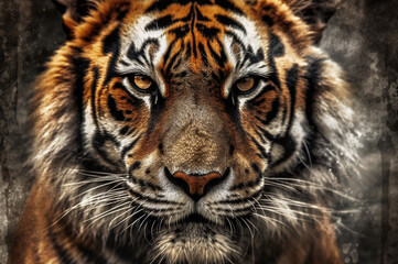 Tiger face closeup with grungy background and fierce expression