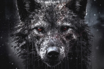 Detailed close-up illustration of drenched majestic wolf