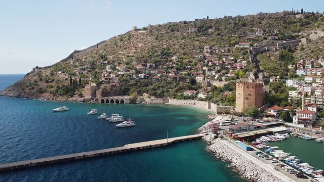 Aerial view of Alanya Marina and the Kizil Kule, Turkey