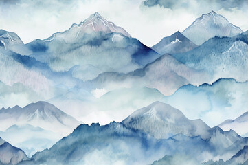 A blue watercolor illustration of a majestic mountain range