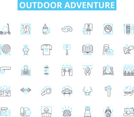 Outdoor adventure linear icons set. Hiking, Camping, Rafting, Zip-lining, Mountain biking, Climbing, Kayaking line vector and concept signs. Hunting,Fishing,Safari outline illustrations