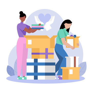 Charity workers preparing donated goods for redistribution