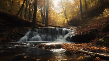 Waterfall in autumn. Illustration AI Generative.