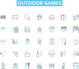 Outdoor games linear icons set. Frisbee, Soccer, Volleyball, Baseball, Cricket, Tennis, Badminton line vector and concept signs. Kubb,Cornhole,Bocce outline illustrations Generative AI