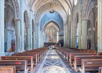Biella - The nave of neo-gothic  Cathedral with the frescoes by Giovannino Galliari (1784).