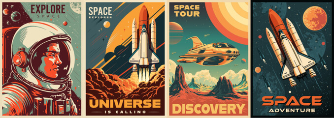 Space discovery colorful set flyers - obrazy, fototapety, plakaty