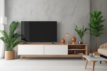 Television put on tv stand  wood table, in minimal empty space livingroom room background white wall AI Generative