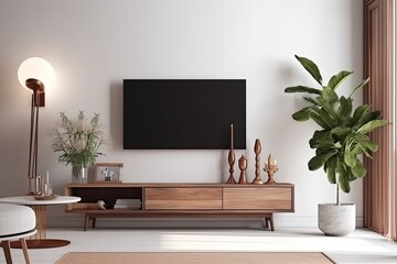 Television put on tv stand  wood table, in minimal empty space livingroom room background white wall AI Generative