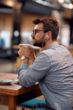 business Man thinking, meditating, planing a future and drinking coffee