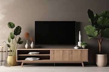 Television put on tv stand  wood table, in minimal empty space livingroom room background white wall AI Generative