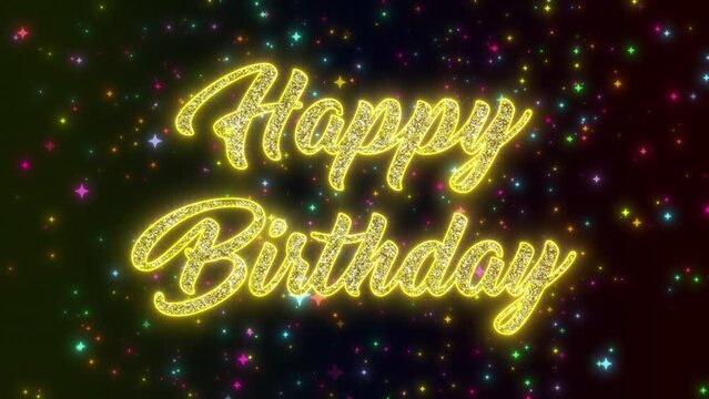 Video-Animation eines funkelnden goldenen Text mit der Nachricht Happy Birthday auf einen farbenfrohen, funkelnden Hintergrund.