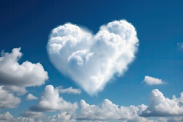 Naklejka na ściany i meble Beautiful cloud with love shape on blue sky. Generative AI