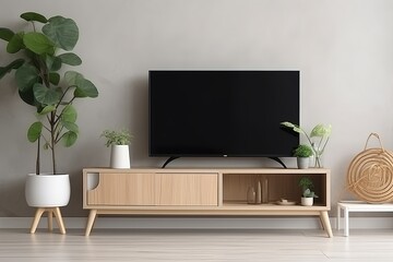 Television put on tv stand  wood table, in minimal empty space livingroom room background white wall AI Generative