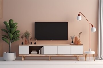 Television put on tv stand  wood table, in minimal empty space livingroom room background white wall AI Generative
