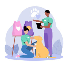 Two professional animal handlers showing tricks to obedient canine