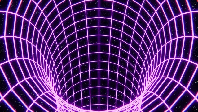 Abstract background purple pink matrix tunnel made of neon glow hi-tech sci-fi futurisctic retrowave energy lines in dark space with shining stars. 4k video, 3d motion design, motion graphics