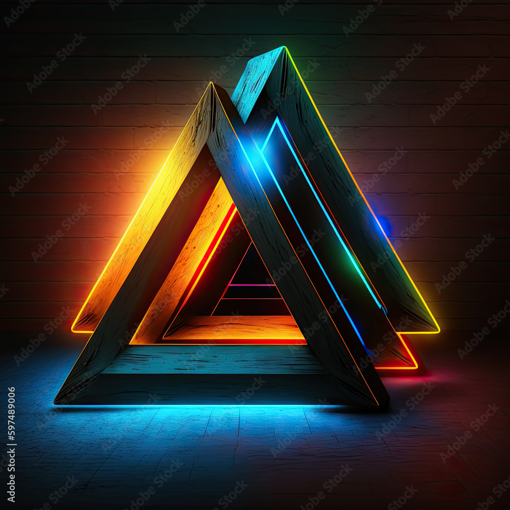 Poster abstract background with magic neon light triangle, triangular with glowing lines on dark background