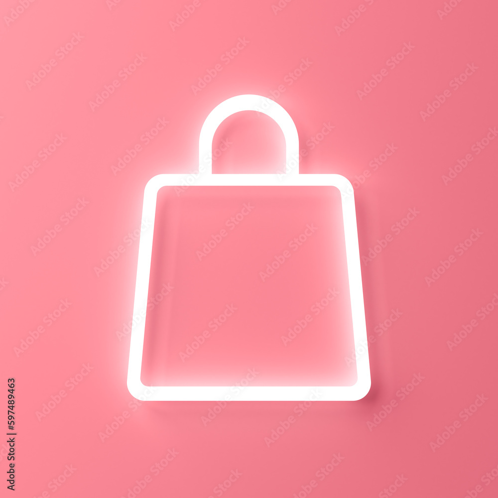 Aufkleber blank neon light shopping bag icon isolated on pink pastel color wall background with shadow minimal