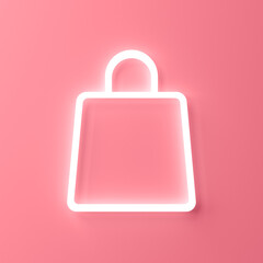 Blank neon light shopping bag icon isolated on pink pastel color wall background with shadow minimal conceptual 3D rendering