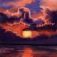 Hand drawn illustration of evening sky sunset, sea ocean water surface orange colors, shiny shimmer reflection, sunrise cold purple lilac clouds, clear summer travel, oil paint texture sketch painting
