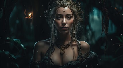 woman cosplay as dark elf witch face make up portrait with cinematic atmosphere, spell caster, game or movie fiction fantasy theme, Generative Ai