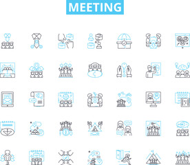Meeting linear icons set. Collaboration, Dialogue, Convergence, Interaction, Inclusion, Assembly, Roundtable line vector and concept signs. Symposium,Consultation,Conclave outline Generative AI