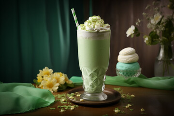 A green milkshake with a green and white striped straw sits on a table next to a cup of green tea. Generative Ai