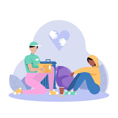 Caring charity worker sharing food with street person