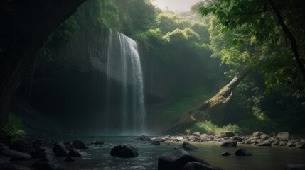Waterfall in summer. Illustration AI Generative.