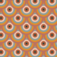 1970 Retro Seamless Pattern, in Orange, Pink, Yellow and Blue Colors. Vector Illustration. Seventies Style, Groovy Background, Wallpaper. Flat Design, Hippie Aesthetic. Look a like woman's breast
