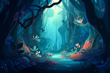 Illustration of a Mystery Forest with Strange Plants and Flowers. Realistic Fantastic Cartoon Style Artwork Scene, Wallpaper, Story Background