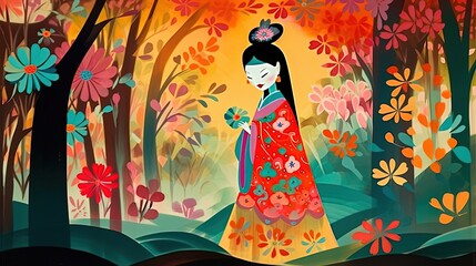 cute fairytale children book style illustration character art, Asian woman walking in jungle, Generative Ai