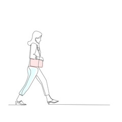 Woman walking with handbag. Continuous line drawing. Vector illustration.
