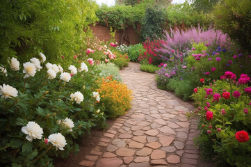 Obraz premium Garden pathway with colorful flowers