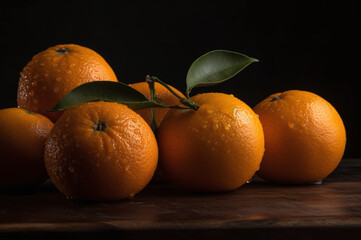 Oranges on wooden table close up view
