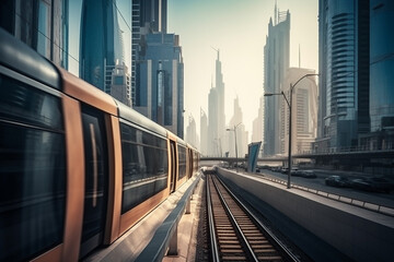 Fototapeta premium Metro in Dubai, UAE. Public transport with skyscrapers and city skyline in background.