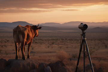 Ox on rock with a standing camera