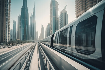 Fototapeta na wymiar Metro in Dubai, UAE. Public transport with skyscrapers and city skyline in background.