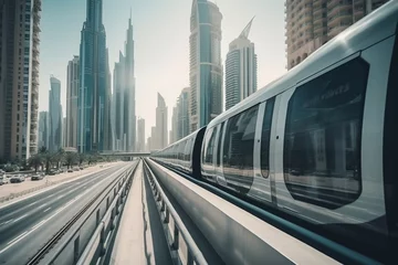 Foto op Canvas Metro in Dubai, UAE. Public transport with skyscrapers and city skyline in background. © Artofinnovation